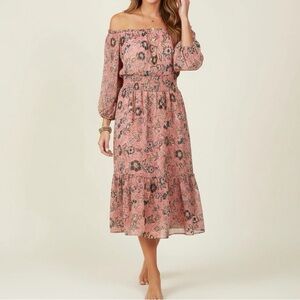 Patrons of Peace Pink Floral Off Shoulder Midi Dress Size L Boho Prairie